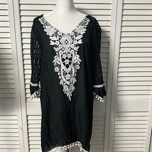 Black Tunic with White Lace Bib and Pom-Pom Trim
